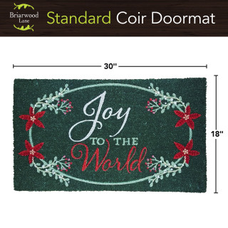 Briarwood Lane Joyful World Coir Doormat, 18 x 30, green with red flowers and text.