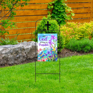 Briarwood Lane wrought iron garden flag arbor with colorful floral design and cross on metal stand.