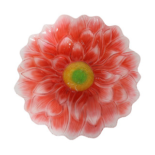 Briarwood Lane Red Daisy Glass Birdbath, coral flower shaped birdbath with yellow and green center.