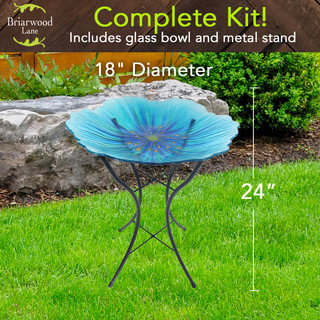 Briarwood Lane Blue Pansy glass birdbath with metal stand, 18" diameter, 24" tall.