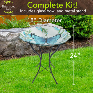 Briarwood Lane Glass Blue Butterfly Bird Bath, 18" diameter, 24" tall, metal stand and glass bowl.