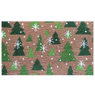 Briarwood Lane Green Trees Coir Doormat 18x30 with snowflakes on brown background.