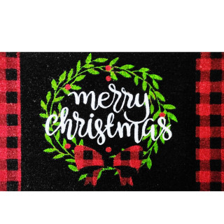 Briarwood Lane Christmas Wreath Medium Coir Doormat 24 x 36 with red plaid border.