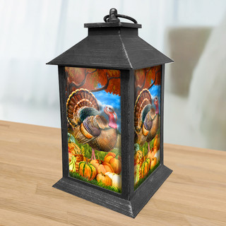 Briarwood Lane Turkey and Pumpkins Lantern, black metal lantern with colorful fall design and turkeys.
