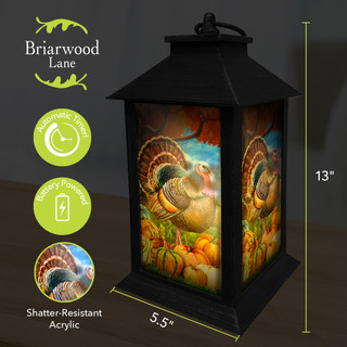 Briarwood Lane Turkey and Pumpkins Lantern with shatter-resistant acrylic panels and autumnal design, 5.5 x 13 inches.