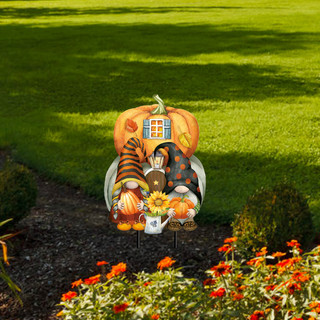 Briarwood Lane Fall Gnome Home Metal Art garden decoration with gnomes and pumpkin house.