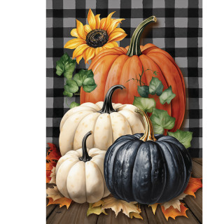 Briarwood Lane Fall Checkered garden flag with pumpkins, sunflowers, and leaves on a plaid background.