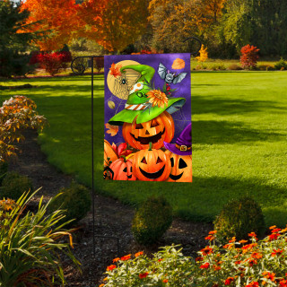 Briarwood Lane Happy Jack-O-Lanterns Garden Flag with colorful Halloween design and purple background outdoors.