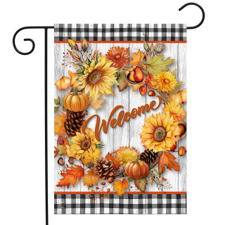 Briarwood Lane Welcome Fall Wreath Garden Flag with sunflowers, pumpkins, and orange leaves.