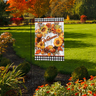 Briarwood Lane Welcome Fall Wreath Garden Flag with sunflowers, pumpkins, and plaid border outdoor decor.