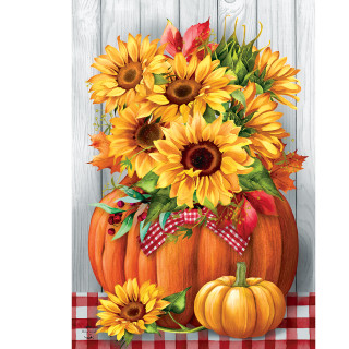 Briarwood Lane Sunflowers in Pumpkin Garden Flag with vibrant sunflowers and orange pumpkins on red plaid.