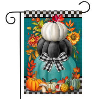 Briarwood Lane Colorful Pumpkin Stack Garden Flag with teal background and black and white checkered trim.