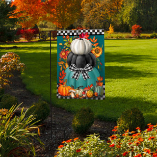 Briarwood Lane colorful pumpkin stack garden flag with black, white and orange pumpkins and floral design.