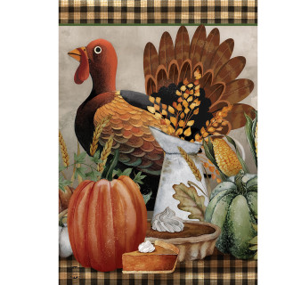 Briarwood Lane Primitive Thanksgiving Garden Flag with turkey, pumpkin, corn, and fall decor on plaid background.