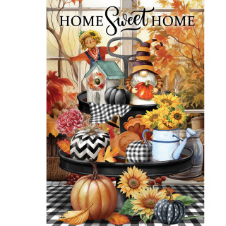 Briarwood Lane Autumn Memories Garden Flag with scarecrows, sunflowers, pumpkins and fall leaves design.
