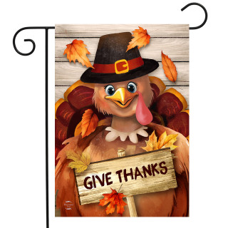 Briarwood Lane Thankful Turkey Thanksgiving Garden Flag with colorful leaves and pilgrim hat design.
