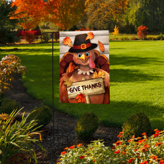 Briarwood Lane Thankful Turkey Thanksgiving Garden Flag with colorful turkey and Give Thanks sign.