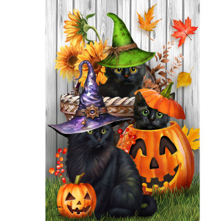 Briarwood Lane Halloween Kittens and Jacks Garden Flag with black cats, pumpkins, and fall leaves.