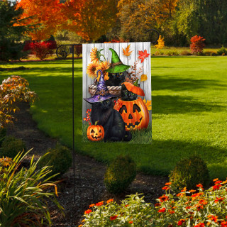 Briarwood Lane Halloween Kittens and Jacks Garden Flag with black cats, pumpkins, and fall leaves.