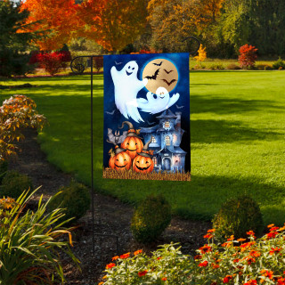 Briarwood Lane Halloween Haunting Garden Flag with ghosts, pumpkins, and haunted house design displayed outdoors.