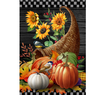 Briarwood Lane Horn of Plenty House Flag with pumpkins, sunflowers, and corn on a wood background.