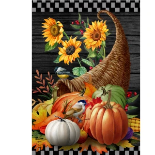 Briarwood Lane Horn of Plenty House Flag with cornucopia, pumpkins, sunflowers, and birds on rustic background.