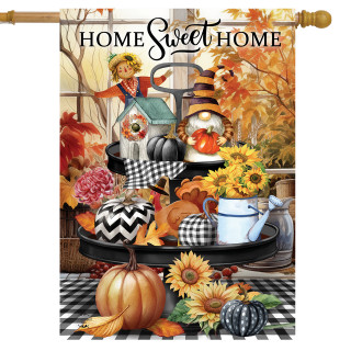 Briarwood Lane Autumn Memories House Flag with scarecrow, pumpkins, and sunflowers on black tray.