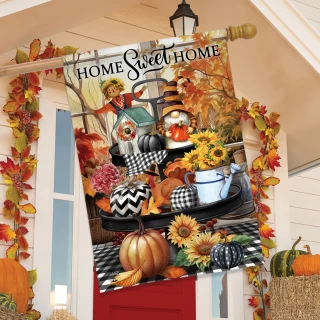 Autumn Memories House Flag by Briarwood Lane, featuring fall decor with pumpkins and sunflowers on a house.