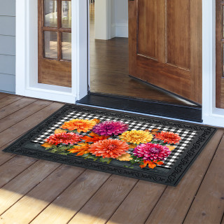 Black and white checkered doormat with colorful mums flowers design, Checkered Mums Doormat outside doorway entrance.