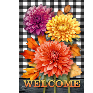 Checkered garden flag with purple, yellow, and orange mums and welcome text on black background.