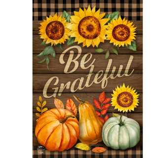 Be Grateful Fall Double-Sided Garden Flag with sunflowers, pumpkins, and leaves on plaid background.