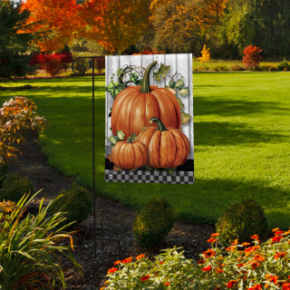 Country Pumpkins Garden Flag with orange pumpkins on white wood background and checkered border.