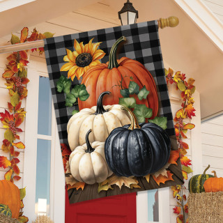 Fall Checkered Pumpkins House Flag with black, white, and orange pumpkins on a plaid background.