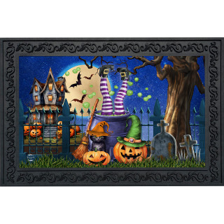Witches Brew Doormat with Halloween scene, cauldron, pumpkins, and spooky house under full moon.