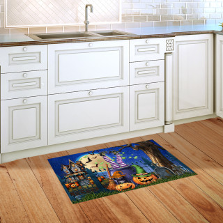 Witches Brew Doormat with Halloween design on kitchen floor beside white cabinets and sink area.
