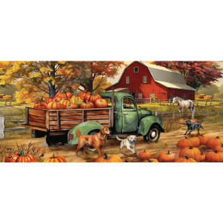 Autumn Farm Mini Mat, green truck with pumpkins and dogs on a farm scene background.