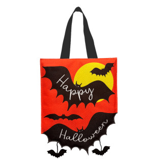 Red burlap tote bag with Happy Halloween bats and black handles on white background.