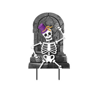 Dancing skeleton metal art with purple hat on stone tombstone decoration, white bones, yellow hair.