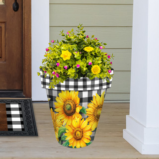 Large Checkered Sunflowers Decorative Planter with yellow sunflowers and black and white checkered pattern.