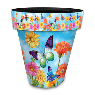 Large planter with colorful butterflies and flowers on a blue background, Fluttering Butterflies design.