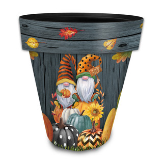 Large Fall Gnomes planter with colorful gnomes, pumpkins, and sunflowers on a dark wood background.