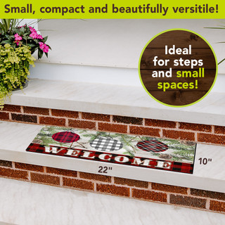 Patterned Ornaments Mini Mat, 22x10 inches, welcome message with plaid and floral design.