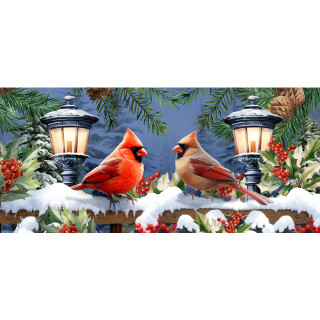Winter Glow Cardinals Mini Mat, two cardinals on snowy fence with lanterns and evergreen branches.