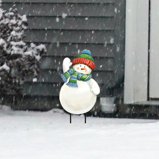Snow Time Snowman Metal Art, white snowman with red, green, and blue hat and scarf.