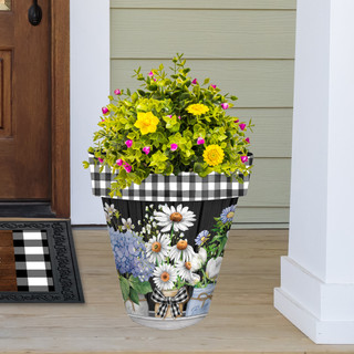 Large Crated Mason Jar planter with floral design and gingham trim on a porch.