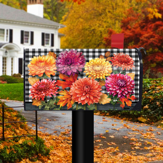 Checkered mums mailbox cover with colorful orange, pink, and purple flowers on a black and white background.