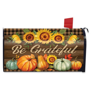 Be Grateful Fall Farmhouse Mailbox Cover with sunflowers and pumpkins on a brown plaid background.