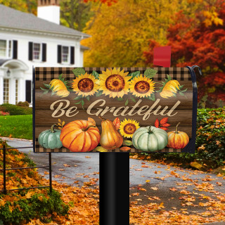 Be Grateful Fall Farmhouse Mailbox Cover with sunflowers, pumpkins, and plaid pattern design.