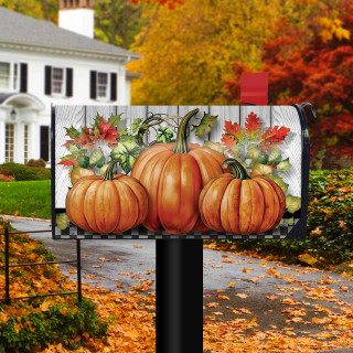 Country Pumpkins Mailbox Cover with three orange pumpkins and fall leaves on a white wood background.