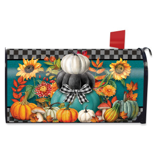 Colorful Pumpkin Stack Mailbox Cover with sunflowers, pumpkins, and fall leaves on teal background.